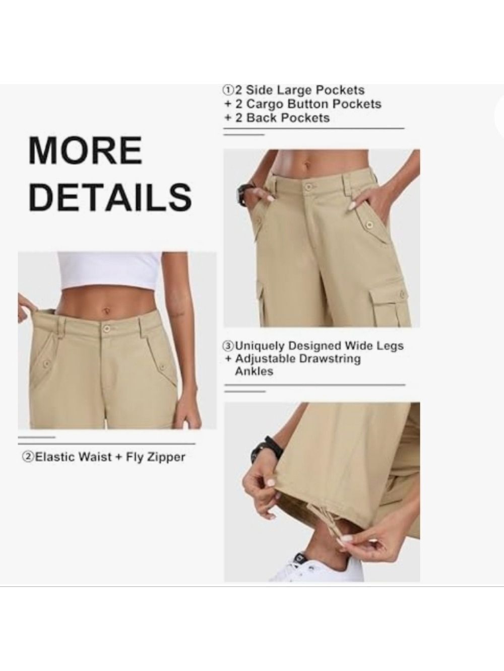 MoFiz Womens khaki Cargo 6 Pockets Baggy Streetwear Wide Leg HighWaisted NWT SzL - Picture 7 of 11